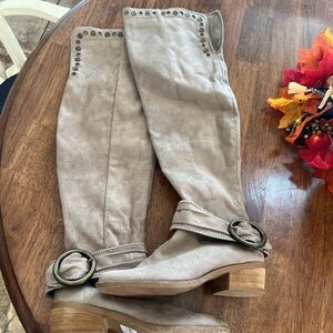 Gray Knee-High Boots with Studded Detail